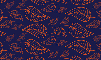 Vector autumn pattern on a dark blue background with orange leaves for design, creativity, wrapping paper, printing on textiles