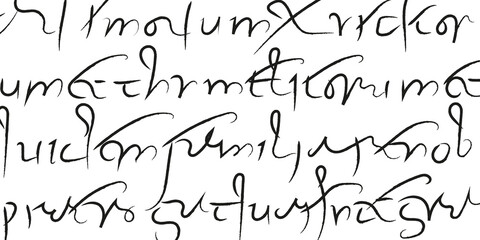 Fototapeta na wymiar Phrases in Roman minuscule cursive. Elements of the handwriting of the 3rd century, which consisted of lowercase characters. A decrepit manuscript, unreadable text for design prints.