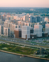 Panoramic summer shot from above of Kazan Kremlin. Tatarstan, Russia. Capital of the Republic of Tatarstan. City centre and landmark line with sunny weather. Sights, churches and mosque Kul-Sharif.