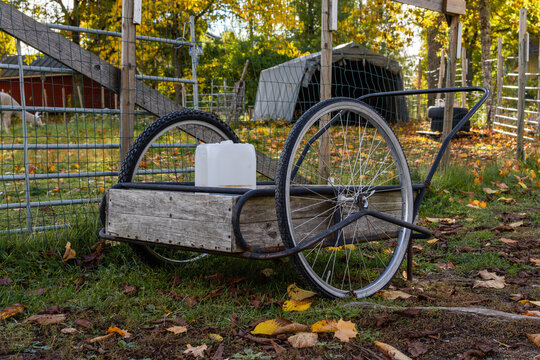 Old traditional pushcart in front of animal enclosure