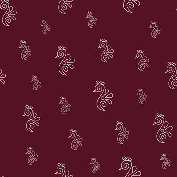 seamless repeat pattern with beautiful white hand drawn simple peacock style motif floating on a dark maroon color background perfect for fabric, scrap booking, wallpaper, gift wrap projects