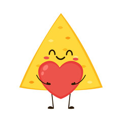 Nacho character design. Nachos on white background. Pink heart and Cute Nacho cartoon vector.