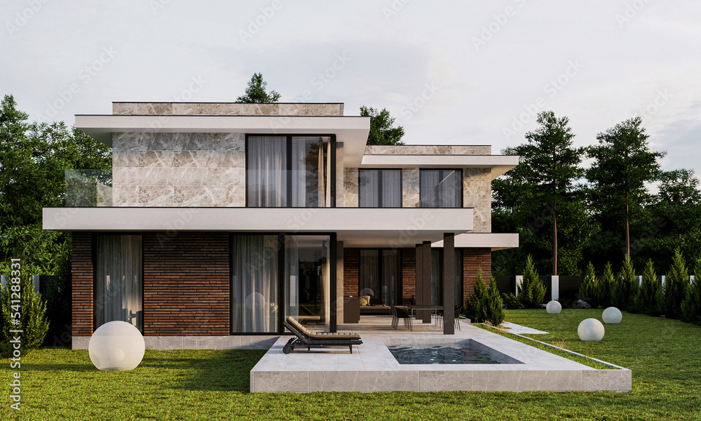 Wall mural house with pool in modern style. house on a beautiful lot. 3d visualization of the house. exterior