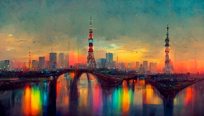 Tokyo skyline with Rainbow Bridge and Tokyo Tower at dusk Japan. Digital art and Concept digital illustration. - obrazy, fototapety, plakaty