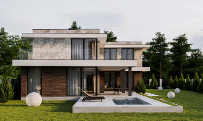 House with pool in modern style. House on a beautiful lot. 3D visualization of the house. Exterior