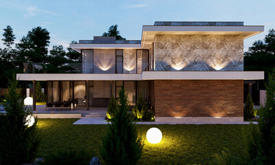 House with pool in modern style. Facade lighting. House on a beautiful lot. 3D visualization of the house. Appearance