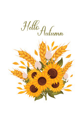Autumn postcard with sunflowers, wheat ears and clover