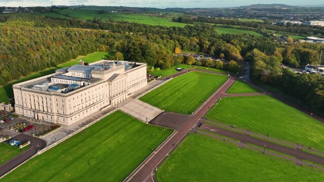 Aerial Video of Stormont Parliament Buildings home of The Northern Ireland Assembly Dundonald Belfast Co Down Northern Ireland