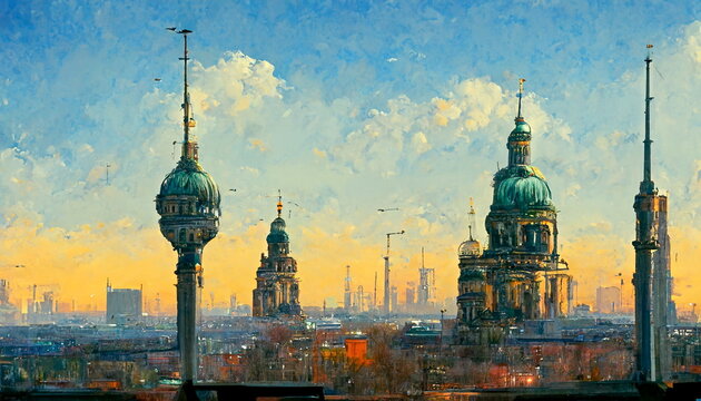 Berlin skyline with Nikolaiviertel Berliner Dom and TV Tower in Germany. Digital art and Concept digital illustration.
