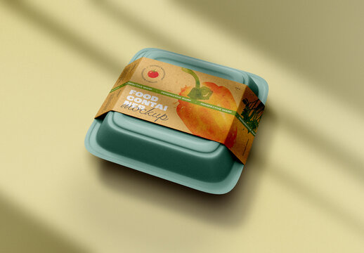 Minimalist Food Container Mockup on Yellow Background &ndash; Fresh Organic Produce Tray for Eco-Friendly Packaging and Takeaway Meal Branding