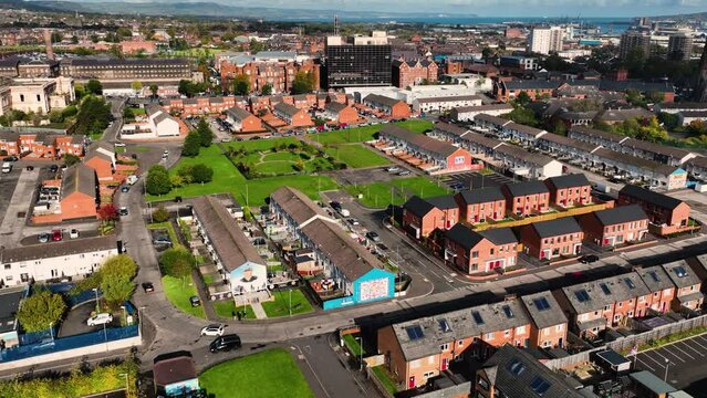 Aerial Video of The Womens Quilt and Shankill Road Murals Belfast City Northern Ireland