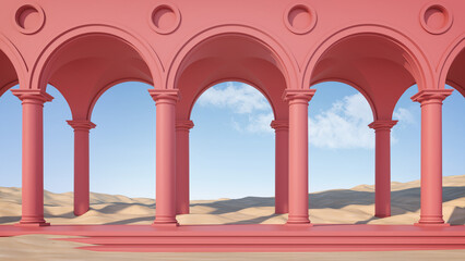 3d premium podium with pink arches,greek doric columns,sand dunes and sky.Mock up luxury stage for beauty products presentations,exhibitions.Architectural fantasy.Art concept.