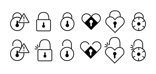 Black isolated outline icon of locked and unlocked heart shape lock on white background. Set of Line Icon of heart shape lock.