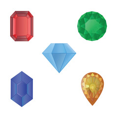 Multicolored crystal assets for game design. Shiny gemstone GUI kit.