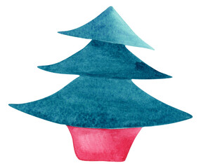 Watercolor Christmas tree in a pot. Christmas watercolor illustration. For Christmas design, postcard design, invitation cards.