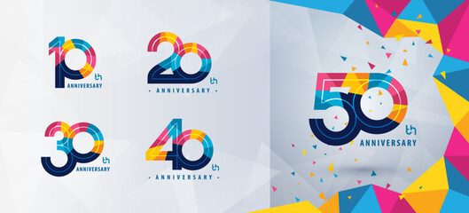 Set of 10 to 50 years Anniversary logotype design, Ten to Fifty years Celebrating Anniversary Logo, Abstract Colorful Geometric Triangle for celebration