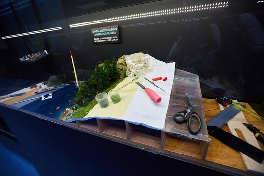 St. Petersburg, Russia - May 29, 2021: Grand Layout Russia. Stages of making a layout. Museum of miniature scenes from Russian everyday life.