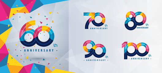 Set of 60 to 100 years Anniversary logotype design, Sixty to Hundred years Celebrating Anniversary Logo, Abstract Colorful Geometric Triangle for celebration