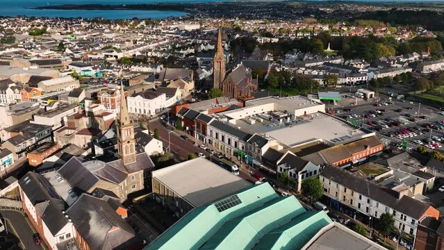 Aerial Video of First Bangor Presbyterian Church and St Comgalls Church Of Ireland Co Down Northern Ireland