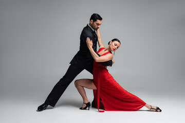 Elegant dancers in suit and dress performing tango on grey background