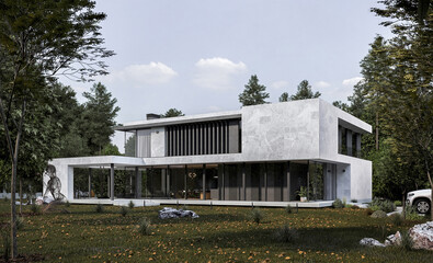 Modern villa with panoramic windows and a terrace. Tree through the canopy. House in the forest. 3D visualization