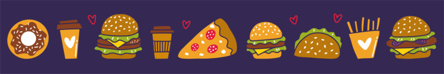 Vector horizontal illustration with fast food hand-drawn in doodle style