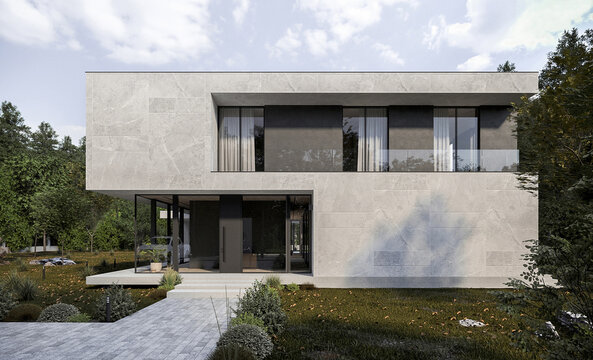 Modern villa with panoramic windows and a terrace. Tree through the canopy. House in the forest. 3D visualization