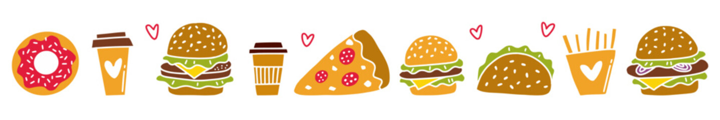 Vector horizontal illustration with fast food hand-drawn in doodle style