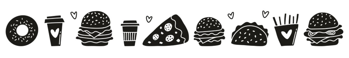 Horizontal illustration with a quick meal hand-drawn in the style of a doodle