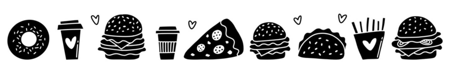 Vector horizontal illustration with fast food hand-drawn in doodle style