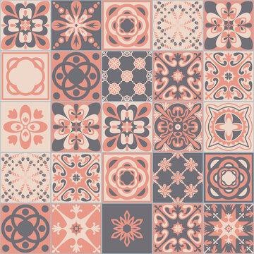 Azulejo style decorative ceramic tile, pink gray pastel color, traditional spanish portuguese pattern for ceramic flooring design