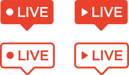 Red live buttons on a white background. Live symbol, badge, sign, label, sticker template. Social media concept. Live streaming. Illustration - obrazy, fototapety, plakaty