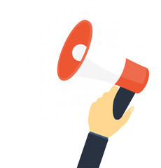 Hand businessman megaphone with copy space. Advertising through speakers. Illustration in flat design