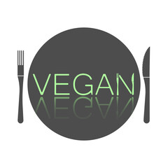 Vegan elite logo design, green inscription in black circle with fork and knife. Organic, bio, eco symbol. No meat, lactose free, healthy, fresh and nonviolent food. Vector illustration