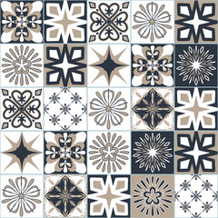 Spanish ceramic tiles dark gray beige color, decorative wall decoration, vector illustration