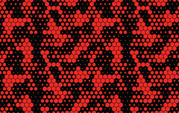 Abstract camo digital hexagonal pattern, red black background
