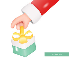 Santa Claus Hand Holding Gift Box with Ribbon Isolated on White Background. Human Arm Giving Present. Vector 3d Illustration - 541293131