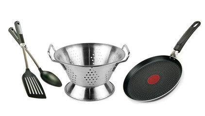 Colander, pan, kitchen spatula and spoon isolated on white background. Collage.