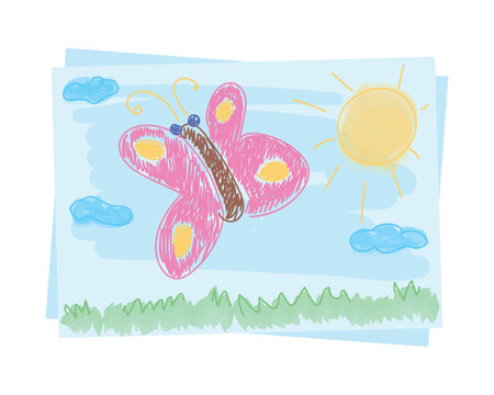 Child picture of butterfly semi flat color vector object. Art lesson. Editable element. Full sized item on white. Simple cartoon style illustration for web graphic design and animation