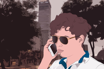 Un chico en el centro de la ciudad durante el día