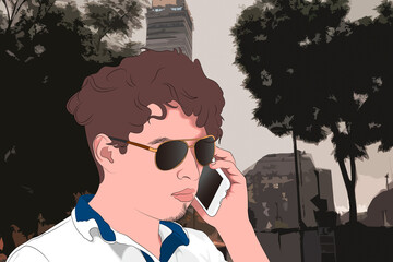 Un chico en el centro de la ciudad durante el día