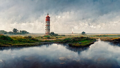 Westerheversand Lighthouse Panorama Westerhever North Friesland in Germany. Digital art and Concept digital illustration. - obrazy, fototapety, plakaty