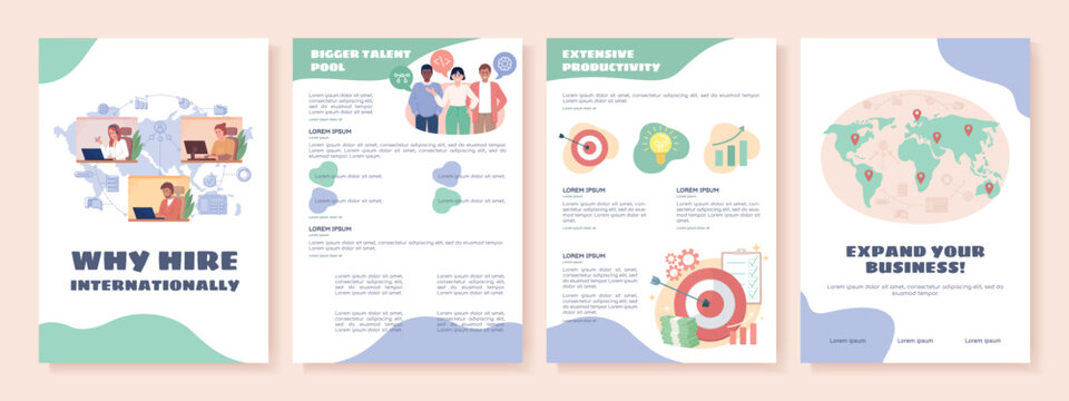 Why hire internationally flat vector brochure template. Booklet, leaflet printable flat color designs. Editable magazine page, reports kit with text space. Sigmar, Balsamiq Sans, Comfortaa fonts used