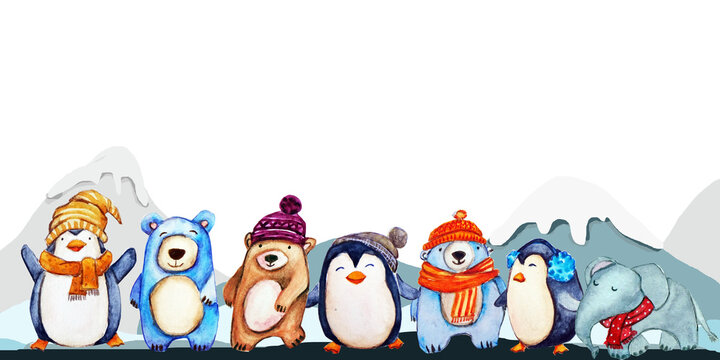Banner animali sulla neve , acquerello per l'infanzia