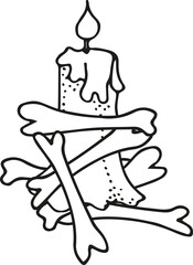 Black and white Old burning candle for Halloween. Doodle Holiday coloring book page.