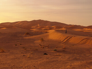 Fototapeta na wymiar Mesmerizing sunrise over sand dunes of the Sahara desert, Morocco