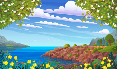 Fototapeta premium Seascape with rocks in spring season. Landscape of nature, plants, flora of natural area. Outdoor recreation place with coastline view. Ocean rocky shore with beautiful scenery vector illustration