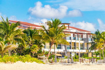 Fototapeta na wymiar Palms parasols sun loungers beach resort Playa del Carmen Mexico.