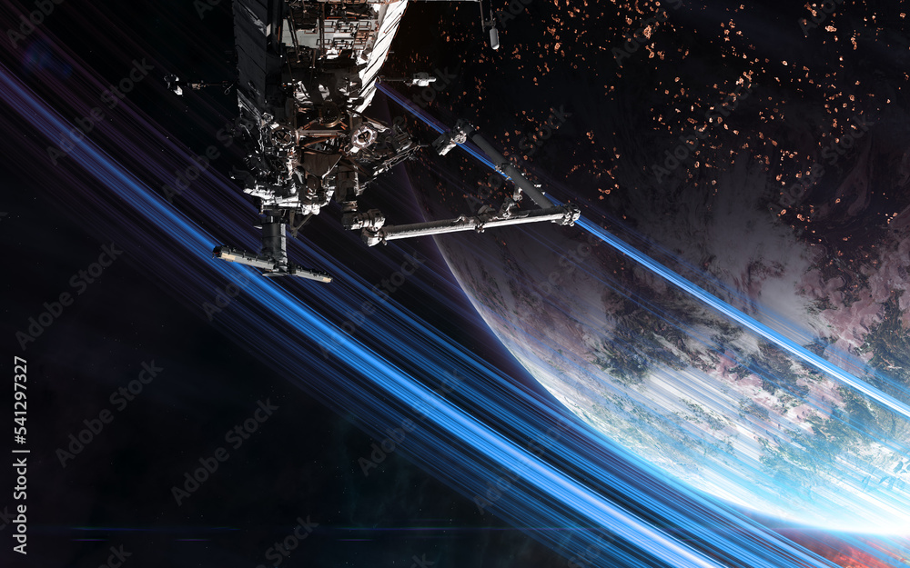 Wall mural space station in orbit of deep space planet. science fiction. elements of this image furnished by na