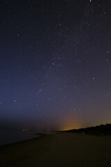 Deep night sky with many stars and forest and sea